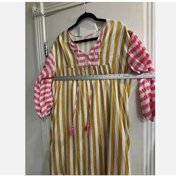 SUNSHINE TIENDA MUSTARD & PINK STRIPED COPA W/ POCKETS DRESS M/L *SMALL FLAW - Picture 12 of 14